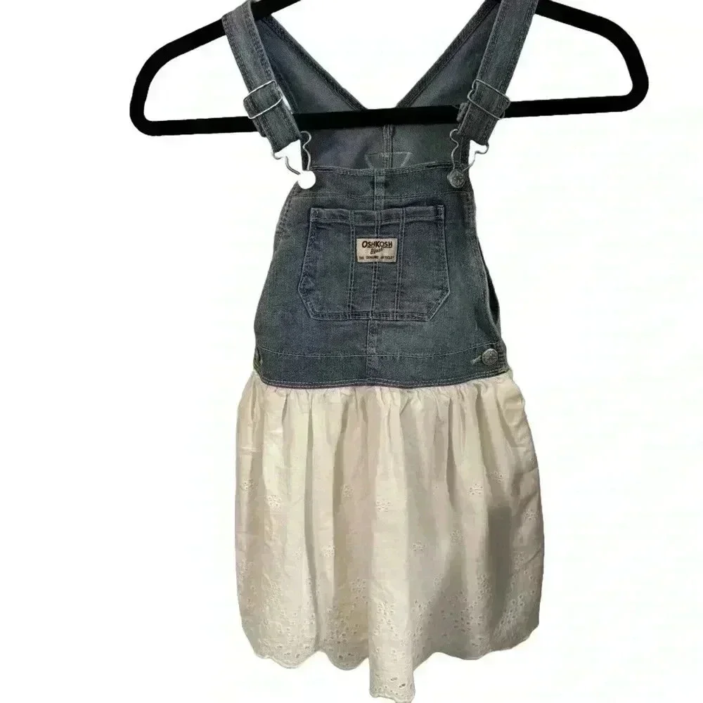 Oshkosh Overall Dress 5T Toddler Denim White Eyelet Cotton Romper